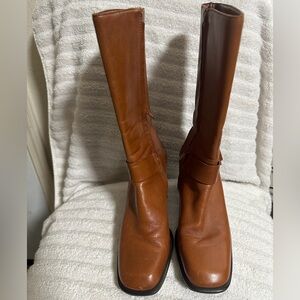 ANTONIO MELANI Women Mid Calf Toffee Brown Leather Boot with Buckle. Size 6